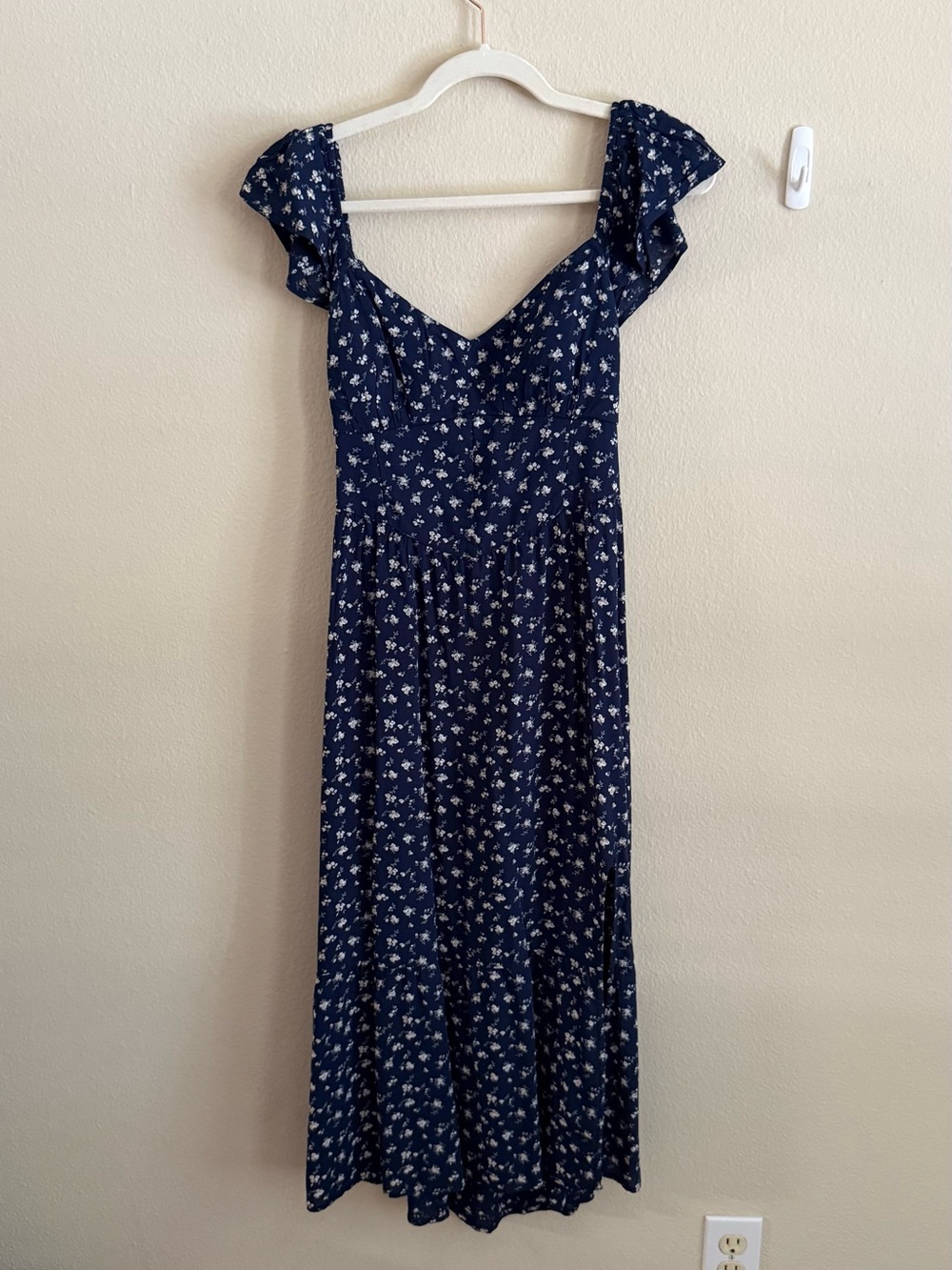 Hollister Navy Blue Floral Midi Dress with Flutter Sleeves